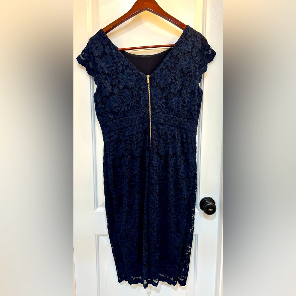 Calvin Klein Navy Lace Sheath Dress, V-neck Back, Gold Zipper 12 - Picture 2 of 4